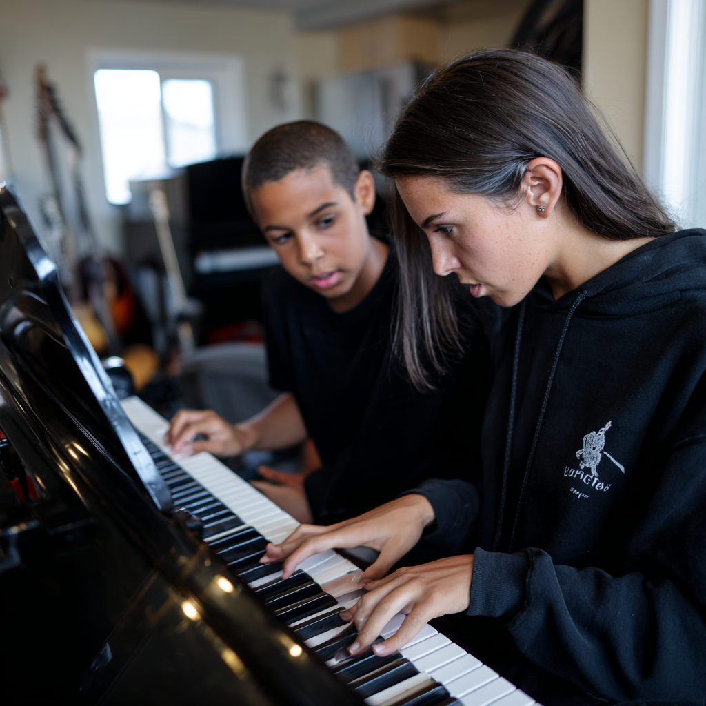 Students learning music together
