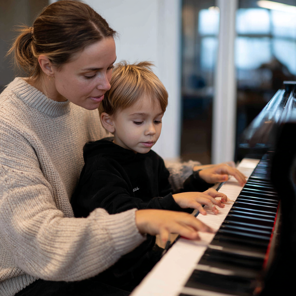 Teacher guiding a young child playing the piano