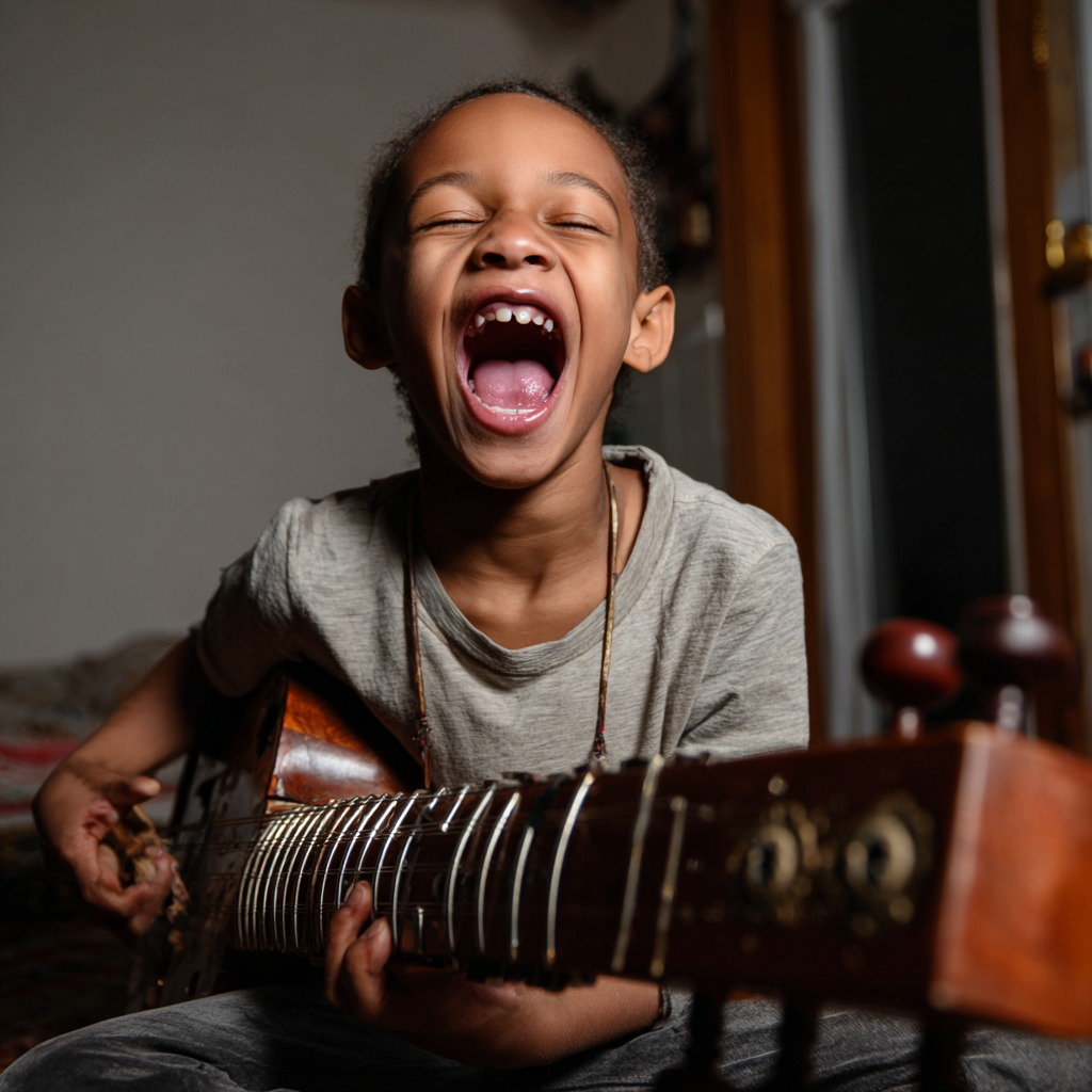 Child joyfully playing a stringed instrument